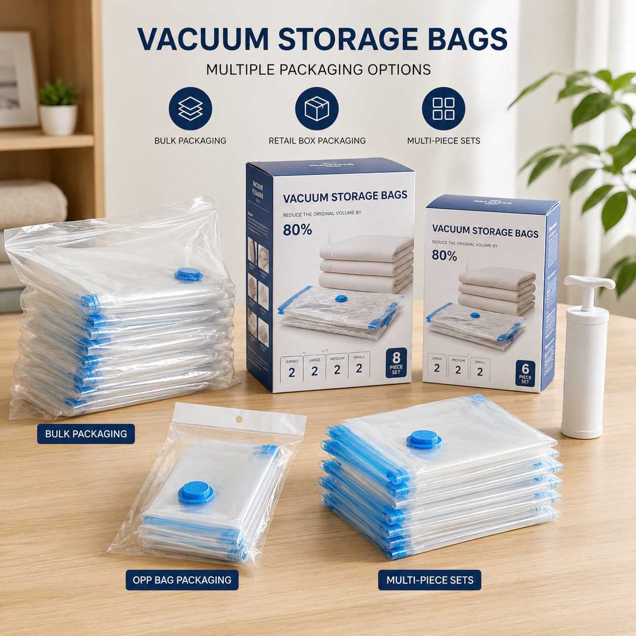 Transparent vacuum storage bags with retail packaging options