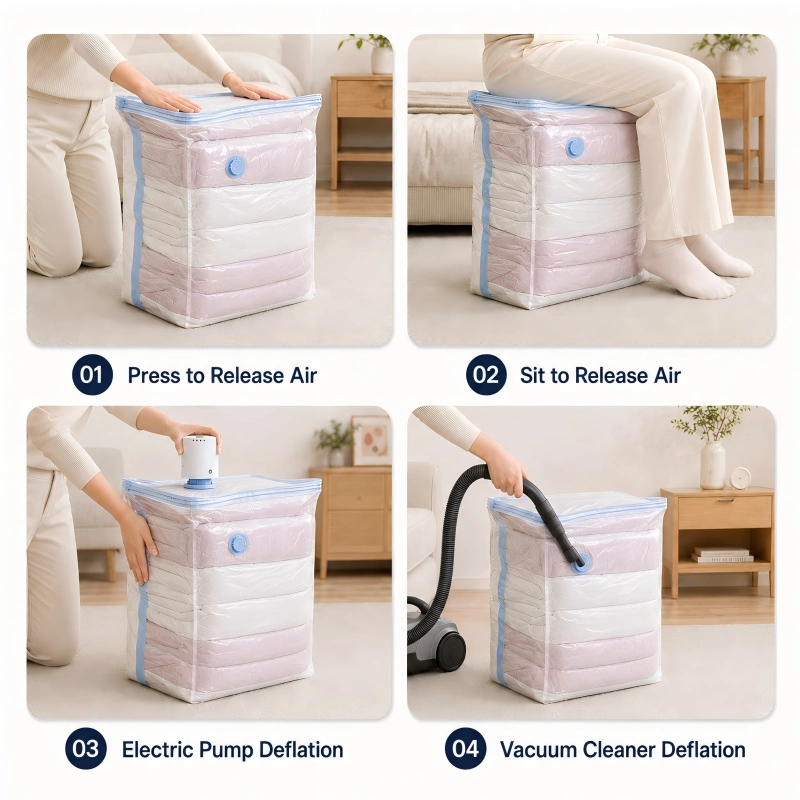 Four air removal methods for 3D vacuum storage bags