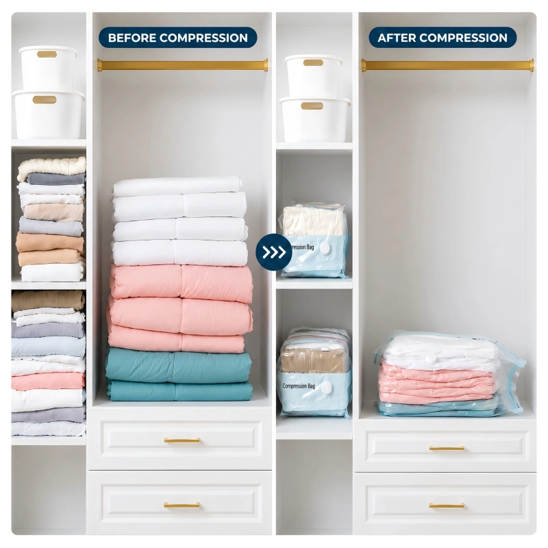 Wardrobe before and after vacuum bag compression