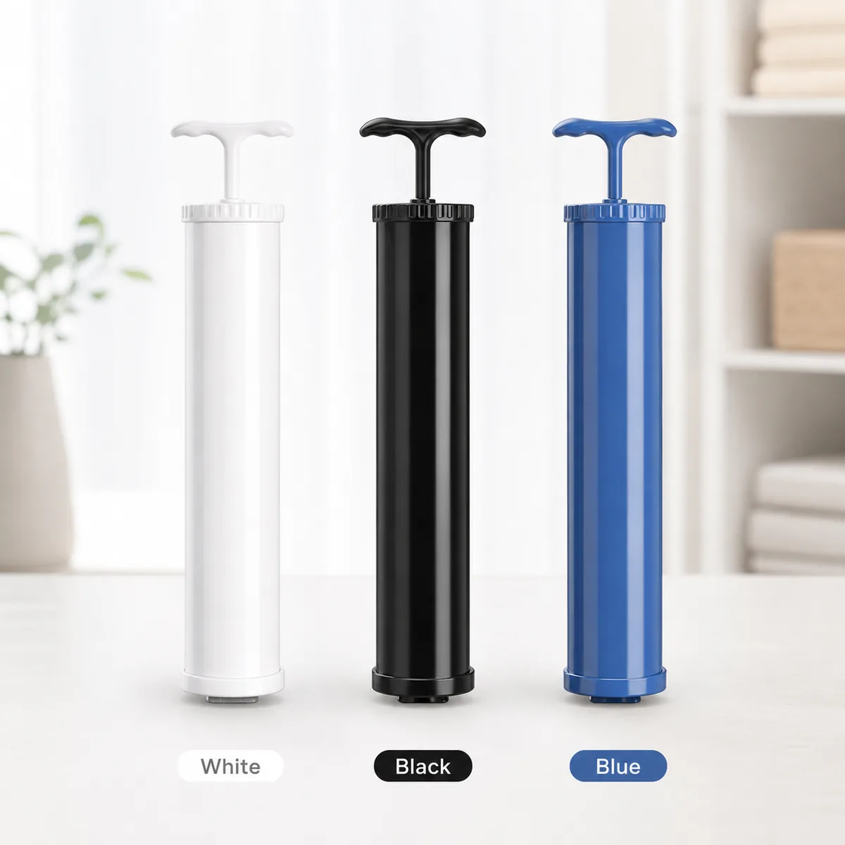White, black and blue manual vacuum pumps