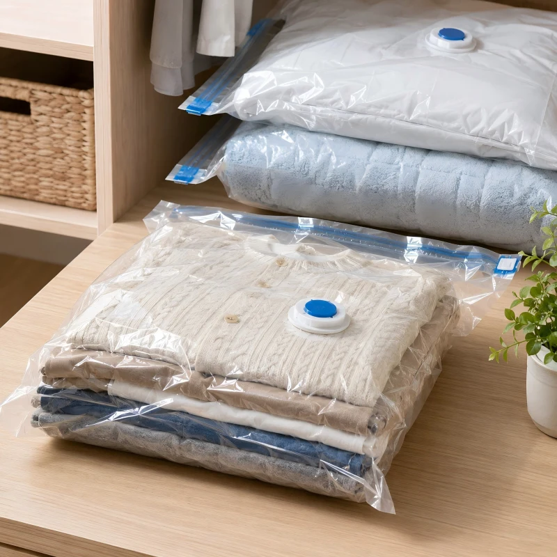 Transparent vacuum storage bag showing stored clothing clearly