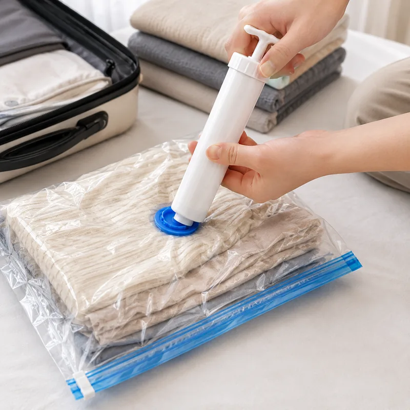 Hand pump used with a travel vacuum bag