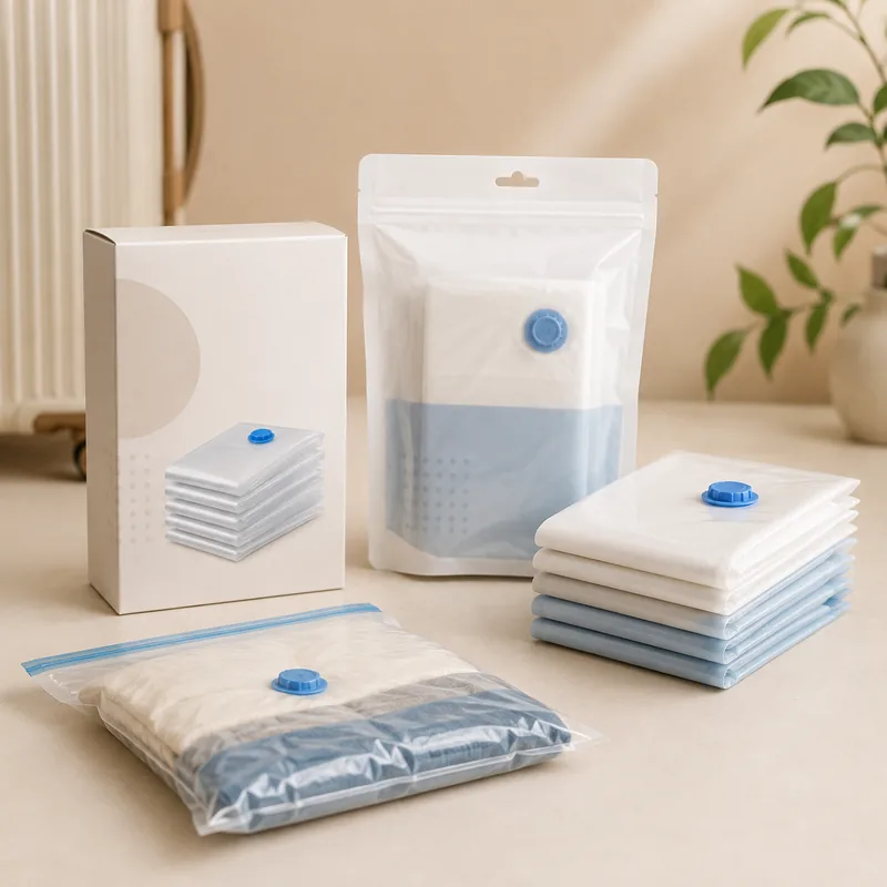 Travel compression bags with retail box packaging
