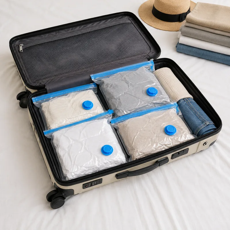 Travel vacuum storage bags for suitcase packing