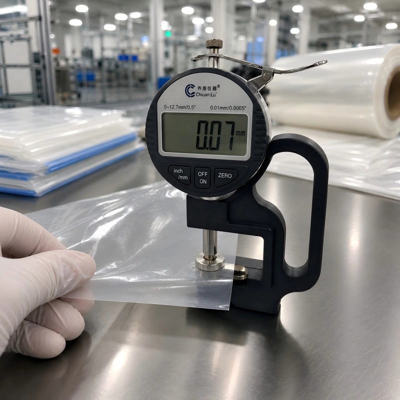 Thickness gauge measuring 0.07 mm vacuum bag film