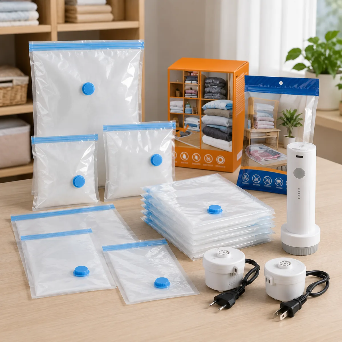 Vacuum storage bags with electric pumps and retail packaging