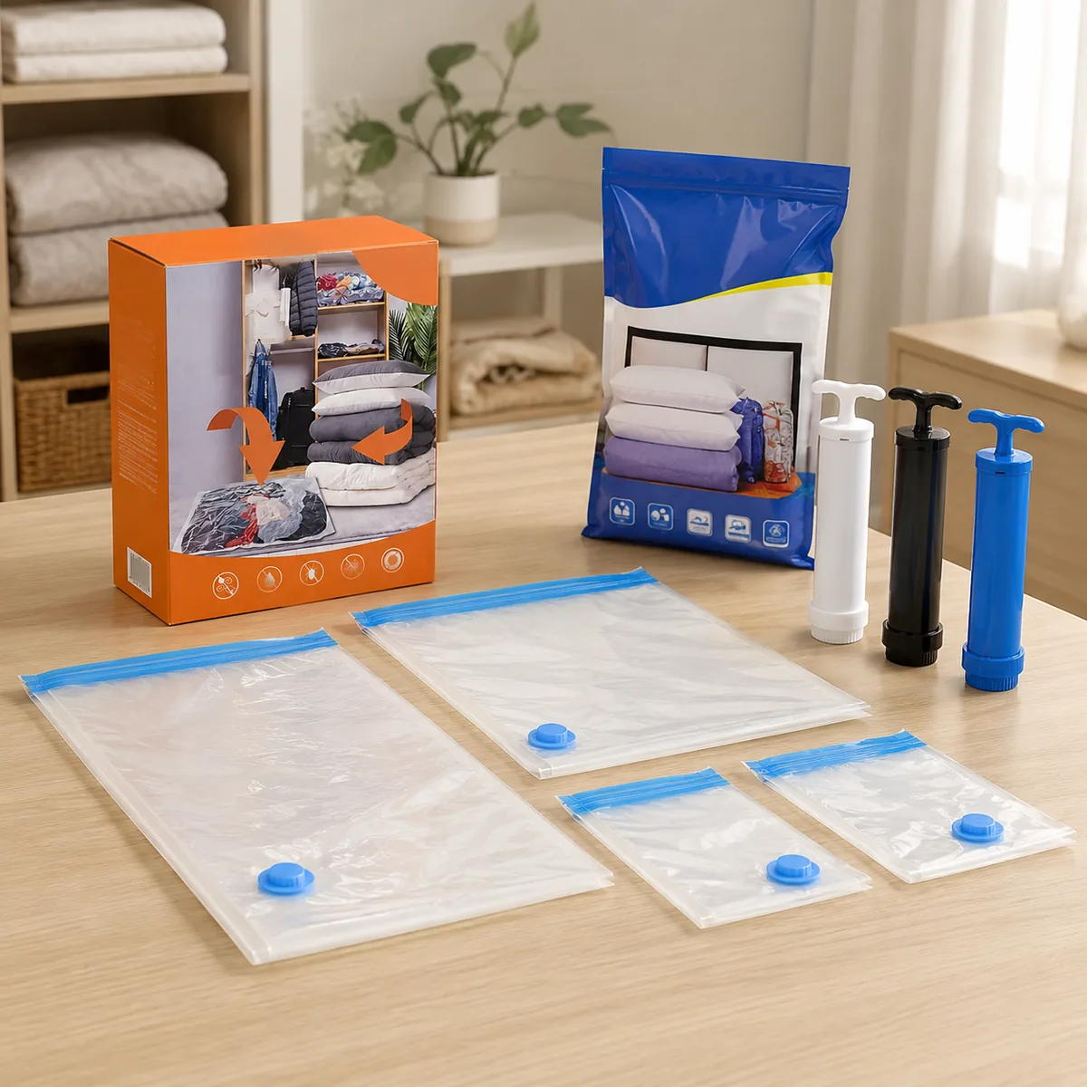 Vacuum storage bags with hand pump and retail packaging