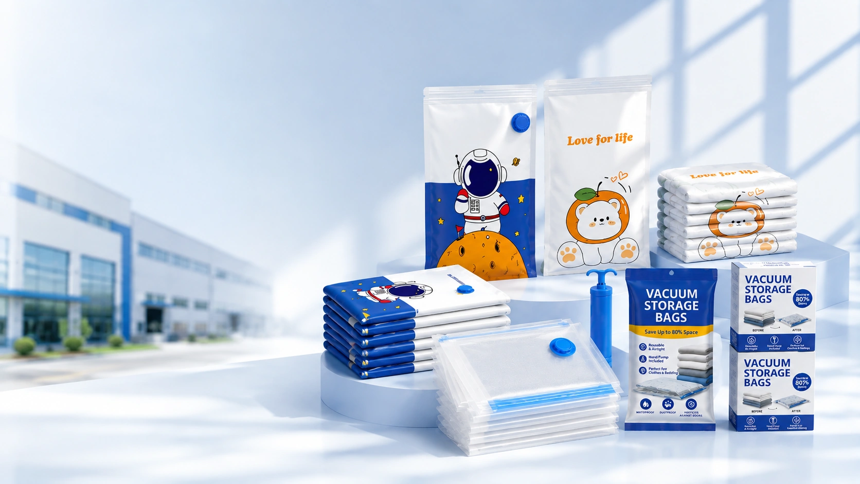 Custom and transparent vacuum storage bags with pumps and retail packaging