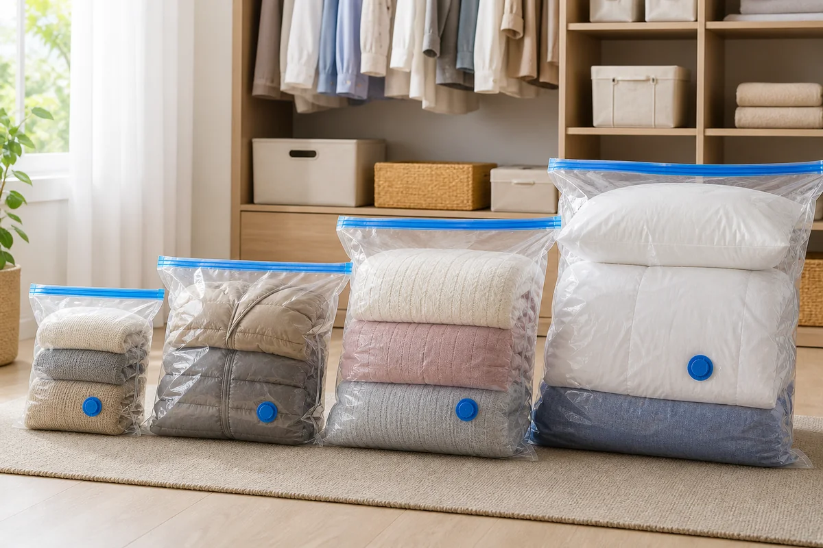 Compression storage bag sizes for sweaters, jackets and bedding