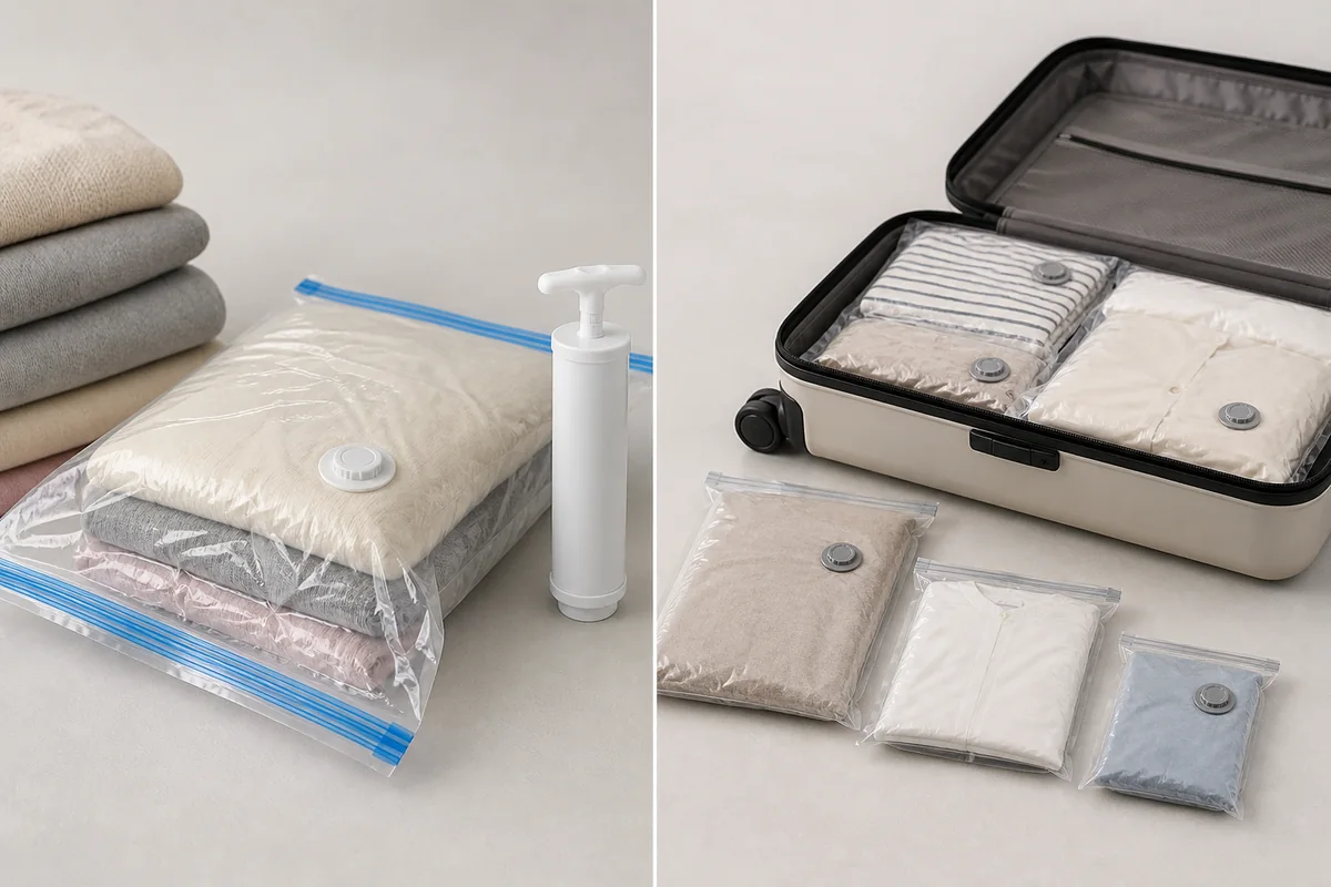 Household vacuum bag and travel compression bags with hand pump