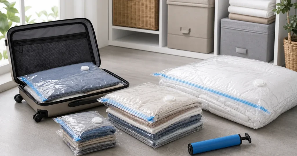 Compression storage bags for clothes, bedding and travel