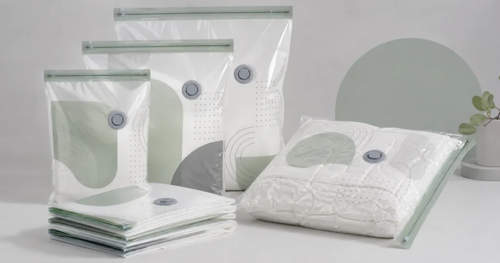 Custom printed vacuum storage bags in several retail sizes