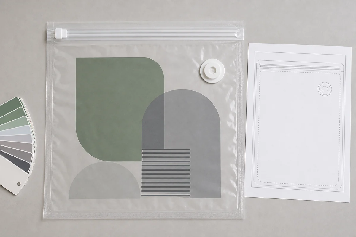 Printed vacuum storage bag with clear space around the zipper and valve
