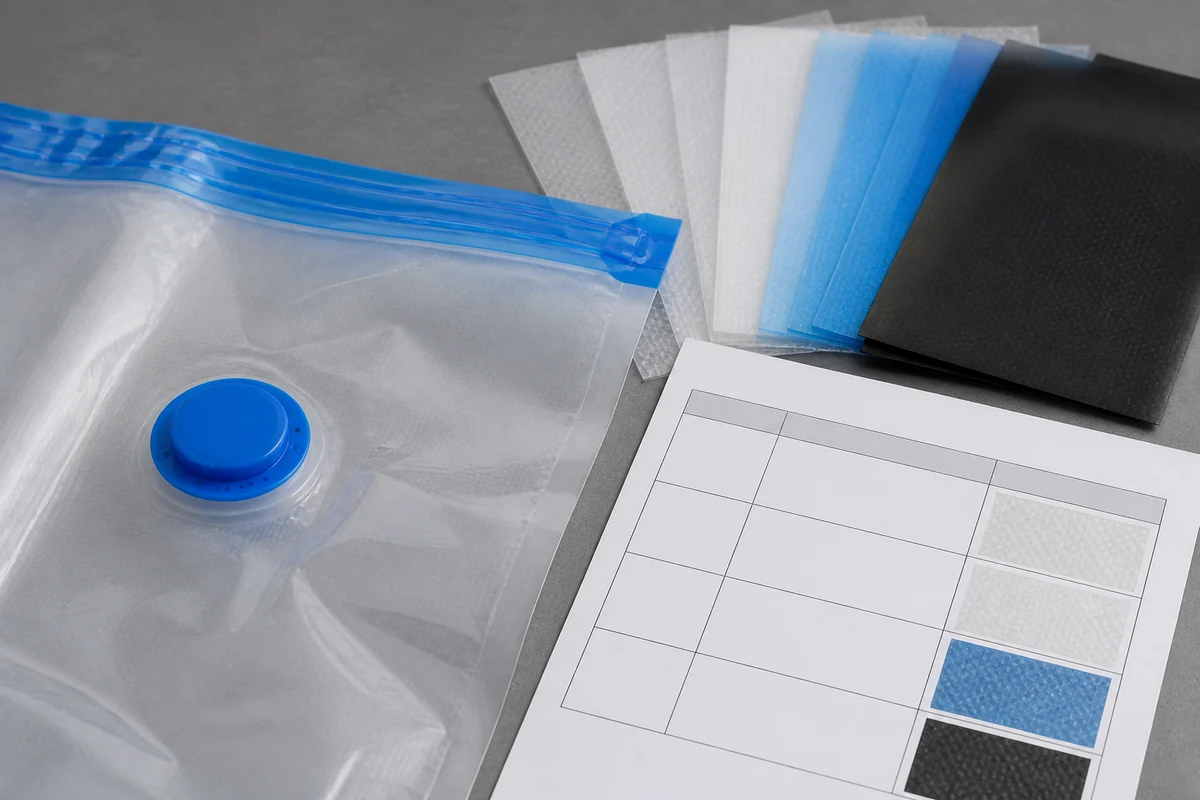 Transparent vacuum storage bag with zipper and integrated valve details