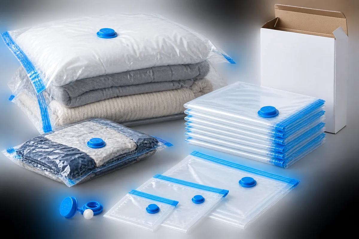 Transparent vacuum storage bag set and plain retail packaging