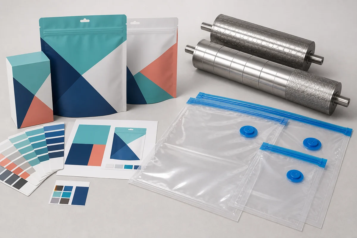 Vacuum storage bag artwork mockups and gravure printing preparation