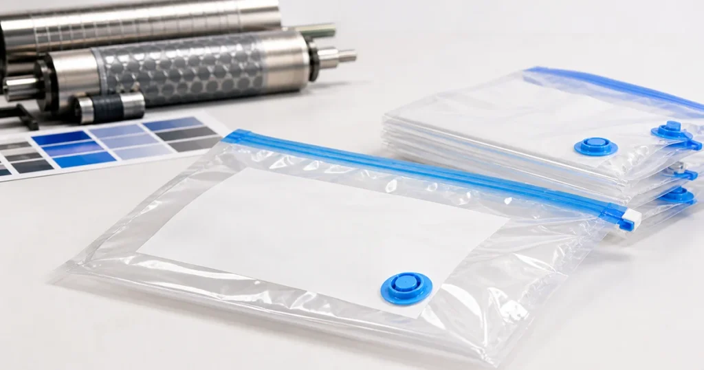 Transparent vacuum storage bags with print-ready packaging artwork
