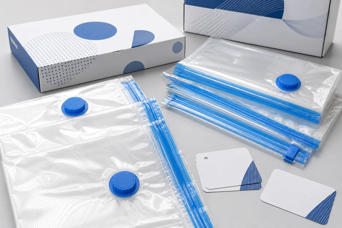 Transparent vacuum storage bags showing zipper and integrated valve details