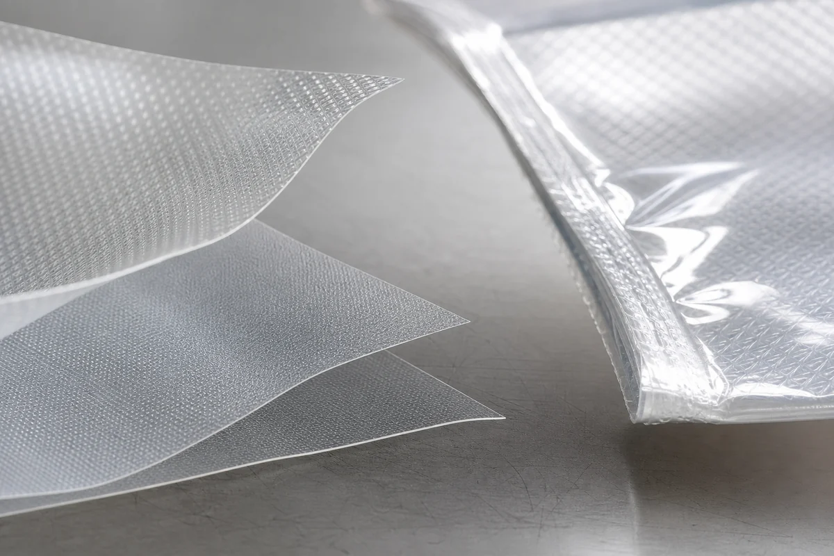 Layered PA and PE film beside a transparent vacuum storage bag