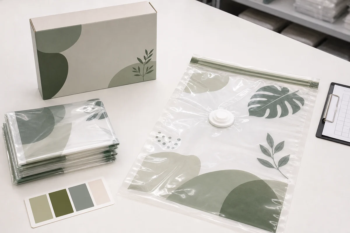 Printed vacuum storage bag and retail packaging arranged for quality inspection