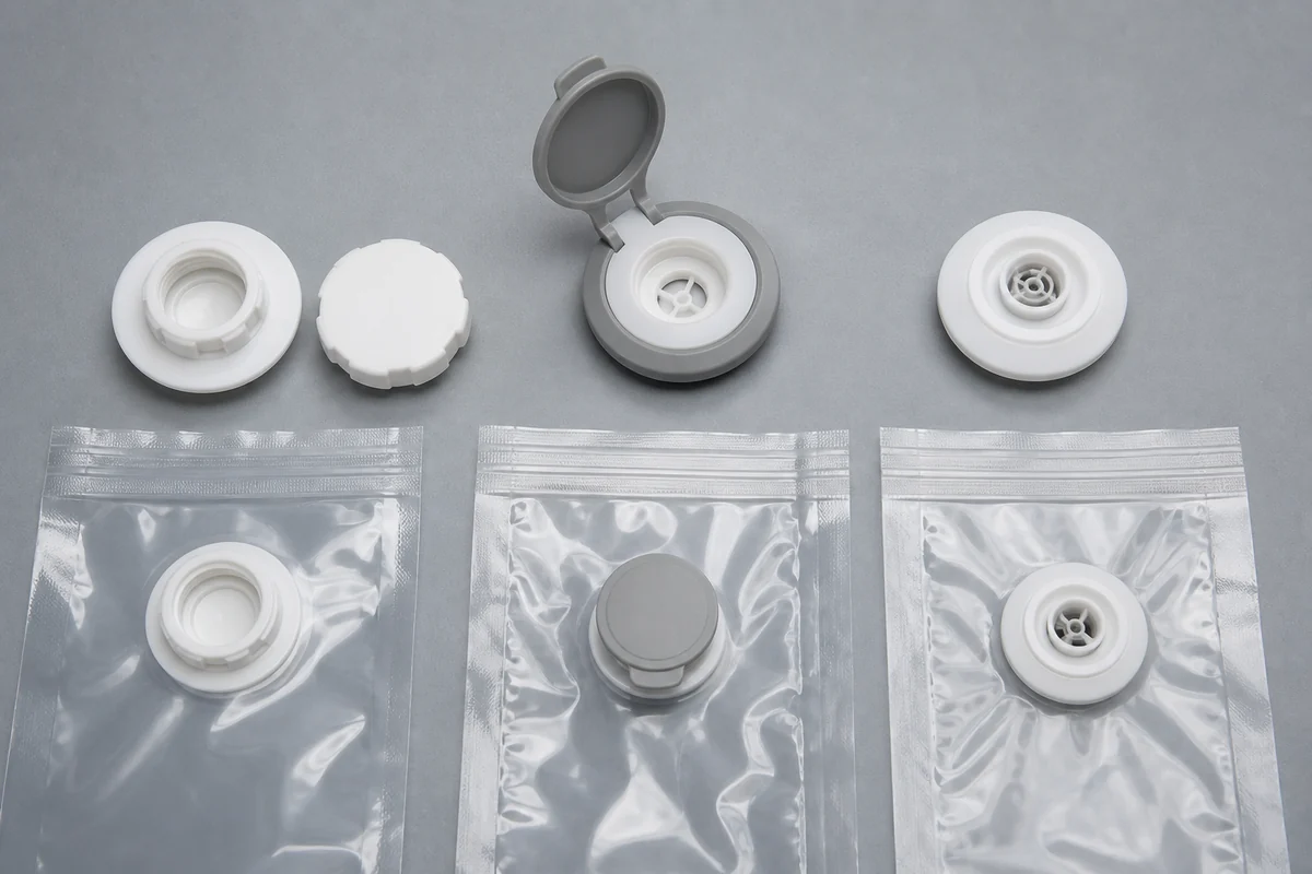 Three vacuum storage bag valve designs arranged for comparison