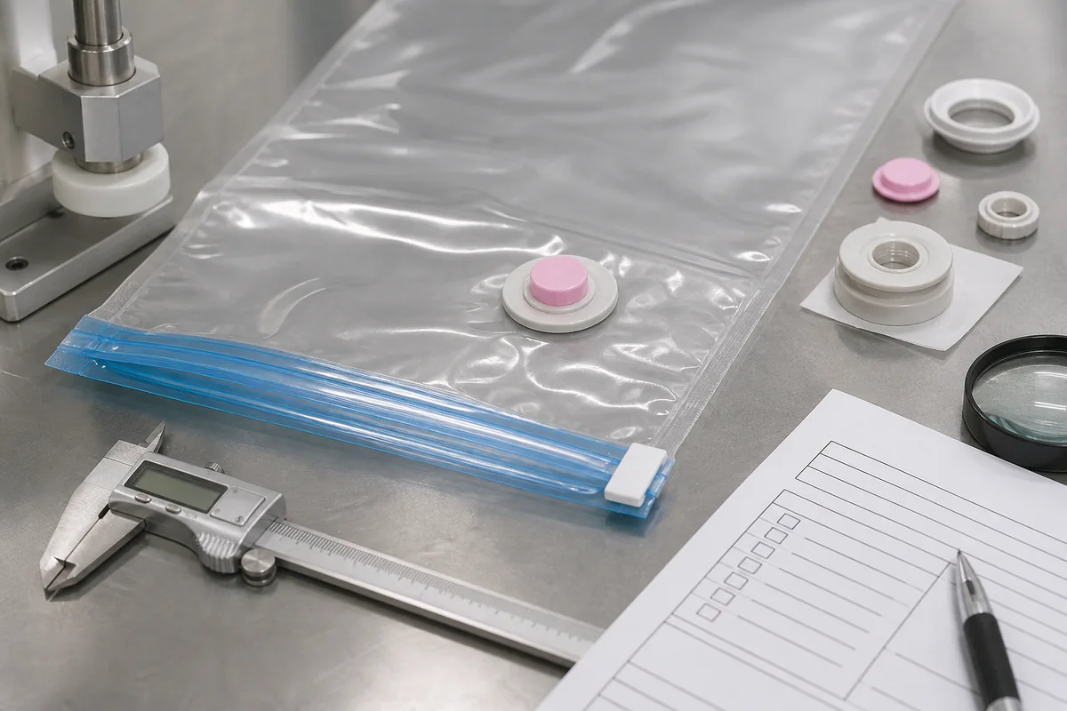 Vacuum storage bag zipper and valve quality inspection