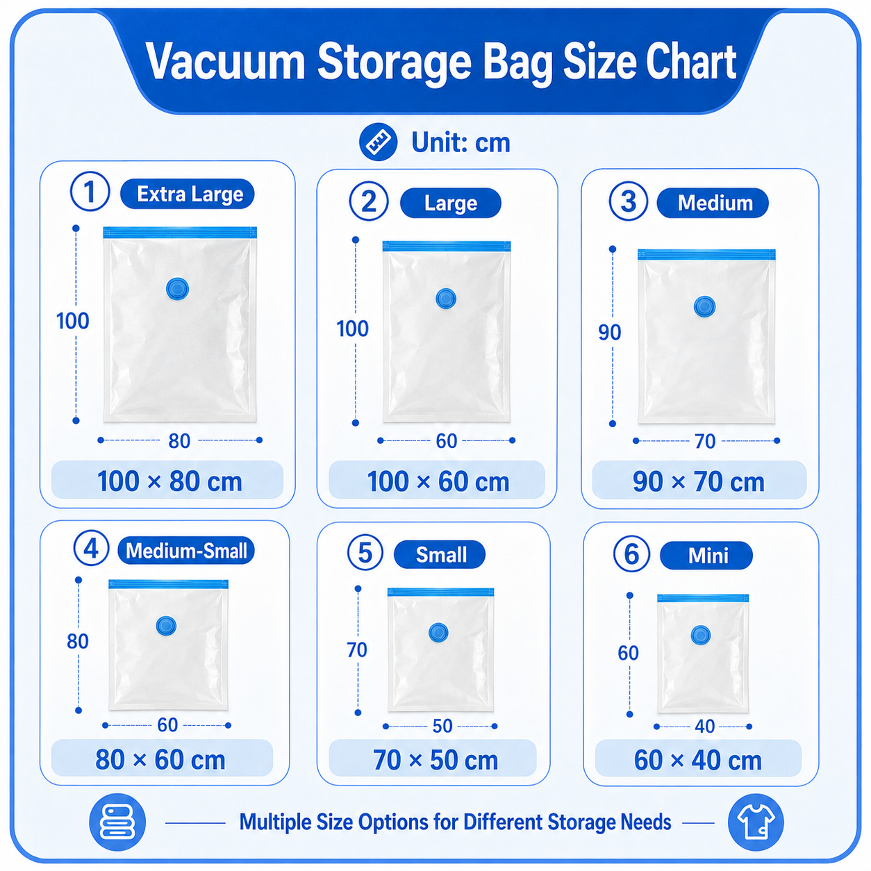 Vacuum storage bag size chart showing six standard dimensions