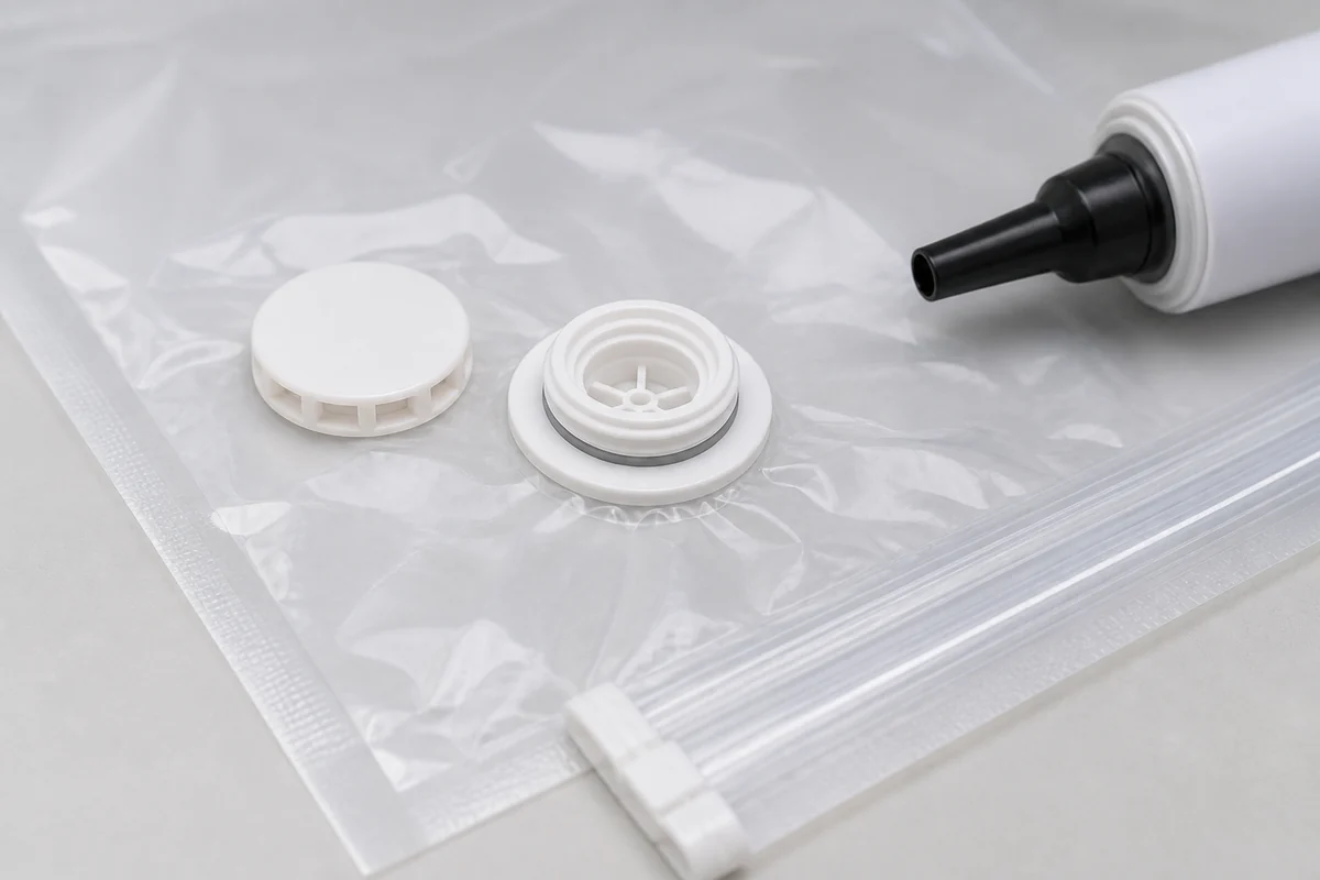 Vacuum valve, pump nozzle and double zipper on a transparent storage bag