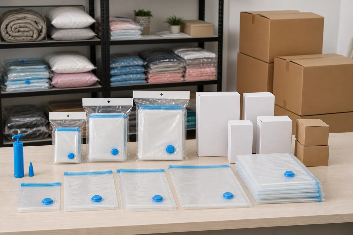 Multi-size vacuum storage bag assortment with packaging and hand pump
