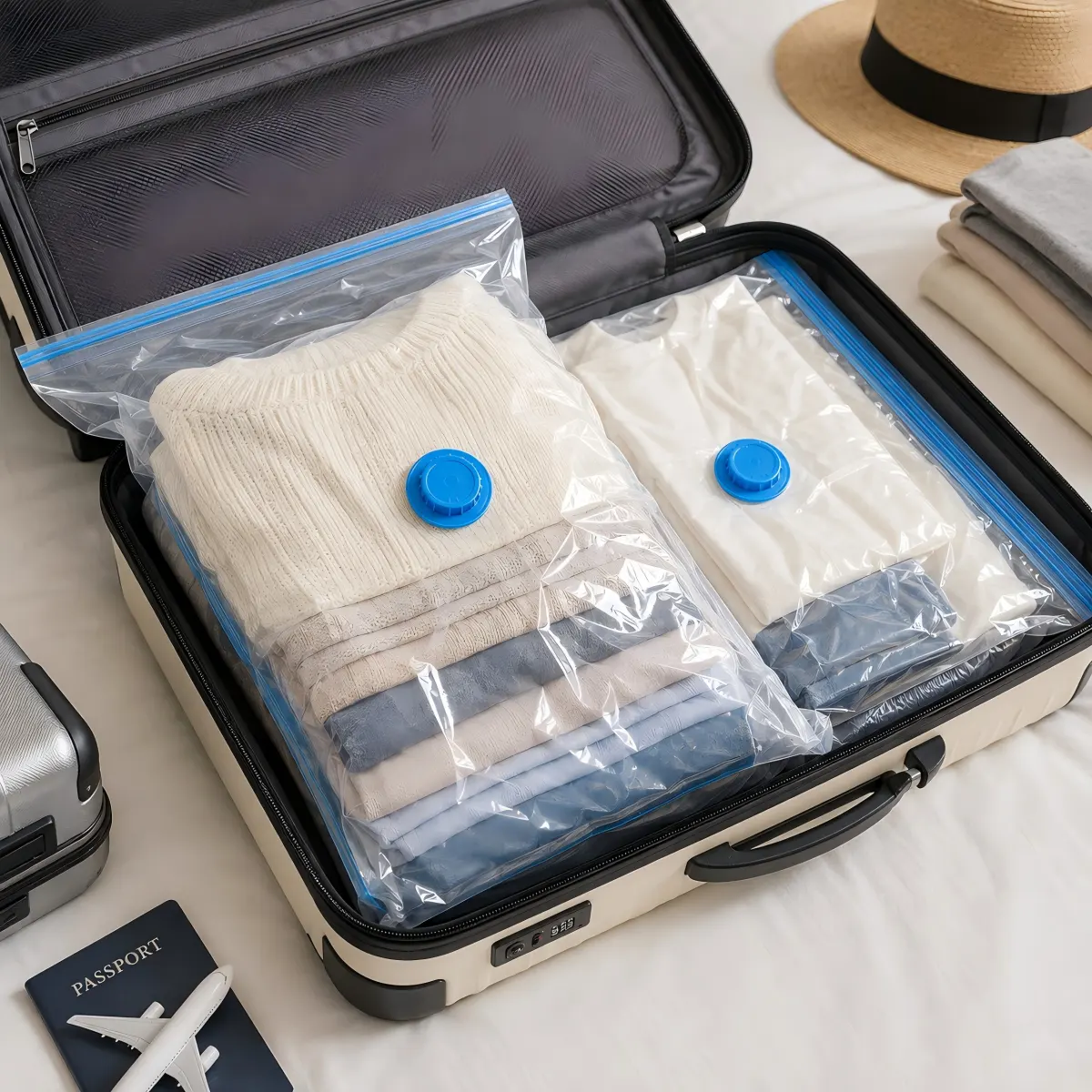 Travel compression bags packed inside a suitcase