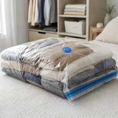 Clothes and bedding compressed in a transparent vacuum bag