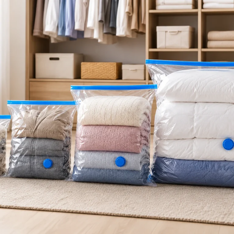 Vacuum storage bags in multiple sizes for clothes and bedding
