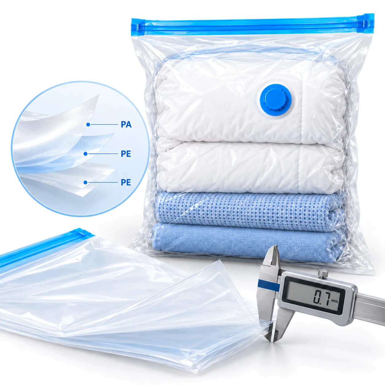 Custom vacuum storage bag material and thickness options