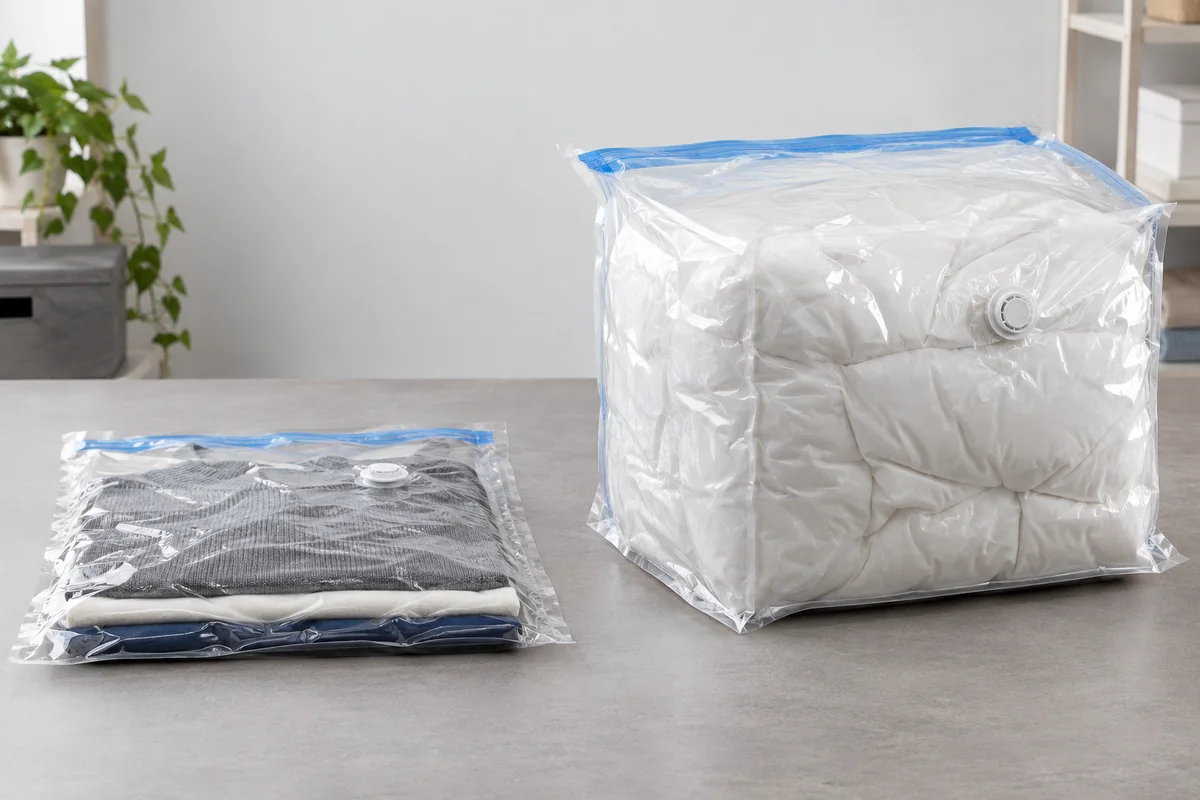 Flat clothing vacuum bag beside a gusseted 3D bedding vacuum bag