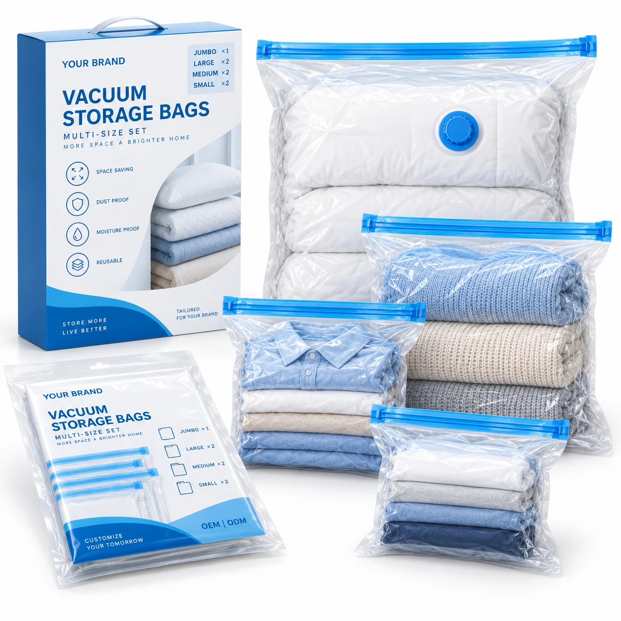 Multi-size vacuum storage bag sets for private label programs