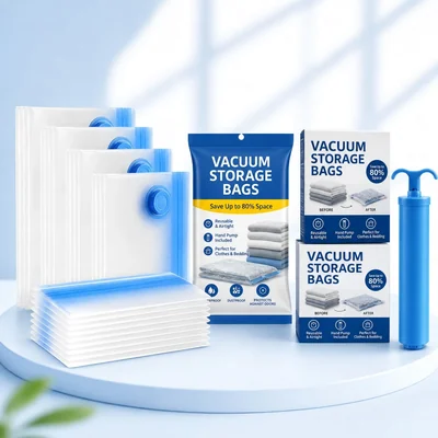 Transparent vacuum storage bags with retail box and hand pump