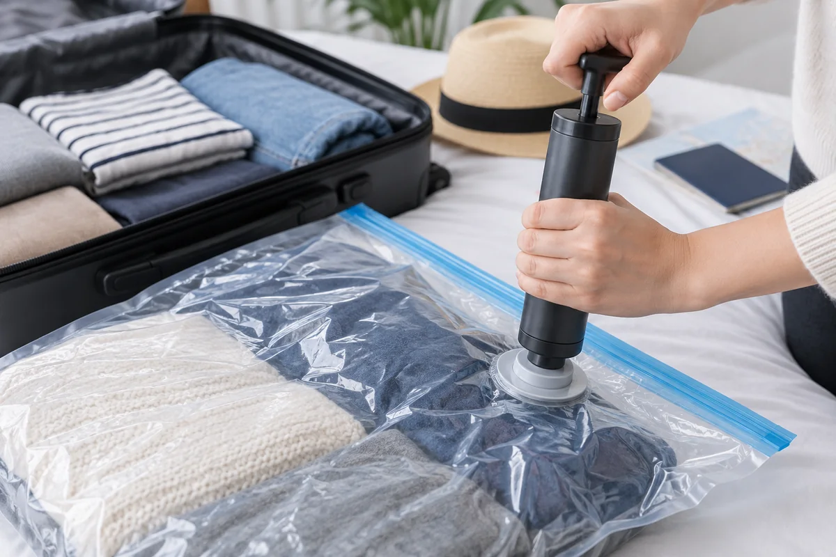 Hand pump used with a travel vacuum storage bag