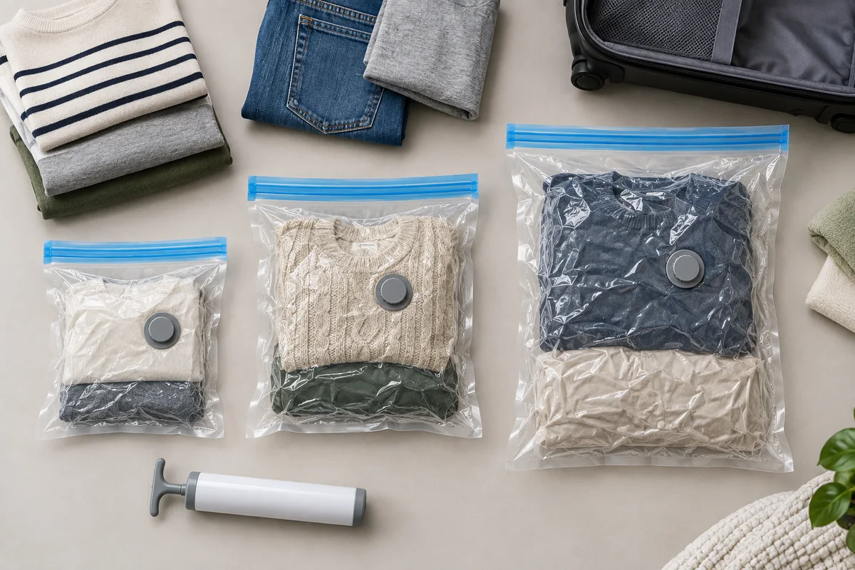 Travel vacuum storage bags in suitcase-friendly sizes