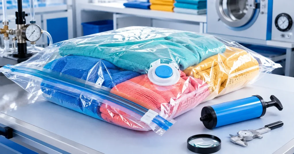 Vacuum storage bag leak testing with colorful textiles and hand pump