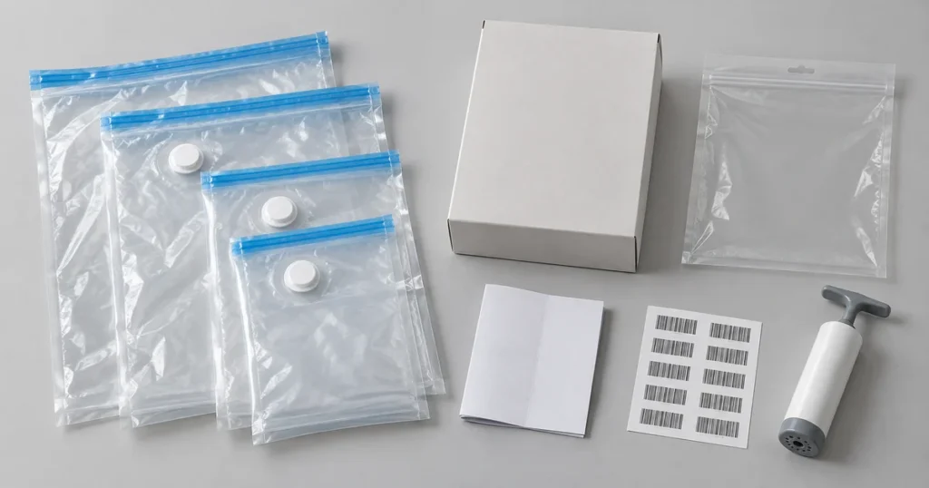 Vacuum storage bags with OPP pouch, retail box, labels and hand pump