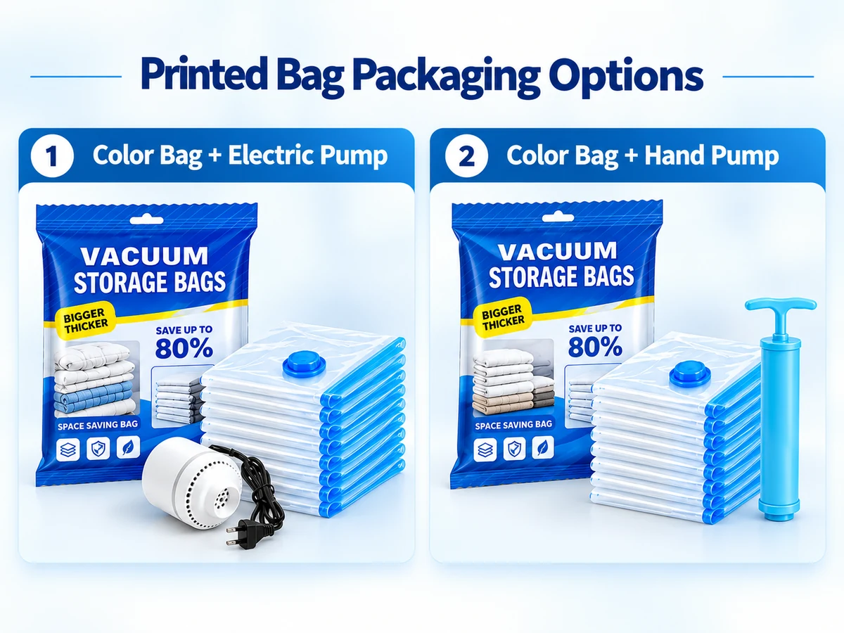 Printed color bag packaging options with electric or hand pump