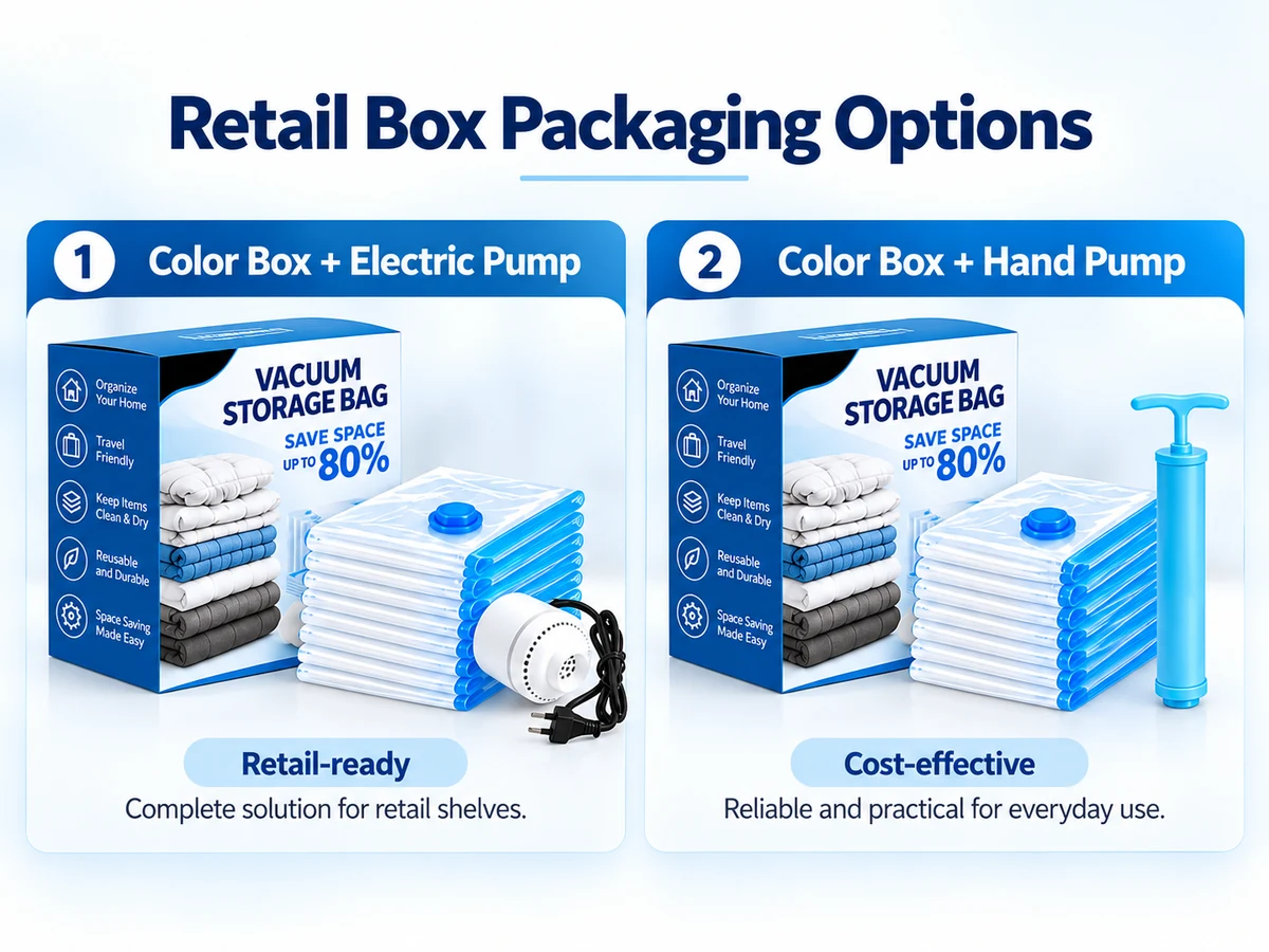 Retail box packaging options for vacuum storage bags with electric or hand pump