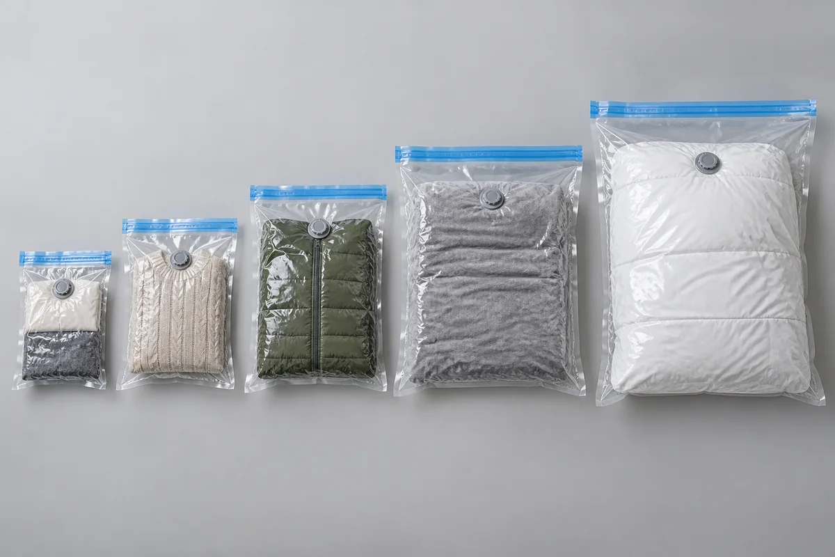 Five vacuum storage bag sizes arranged from compact clothing to large bedding formats