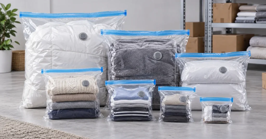 Vacuum storage bags in multiple sizes for clothing and bedding