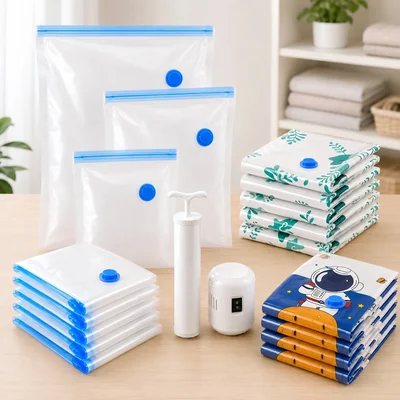 Vacuum storage bags with manual and electric pumps