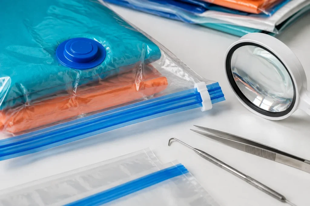 Vacuum storage bag zipper and valve quality inspection