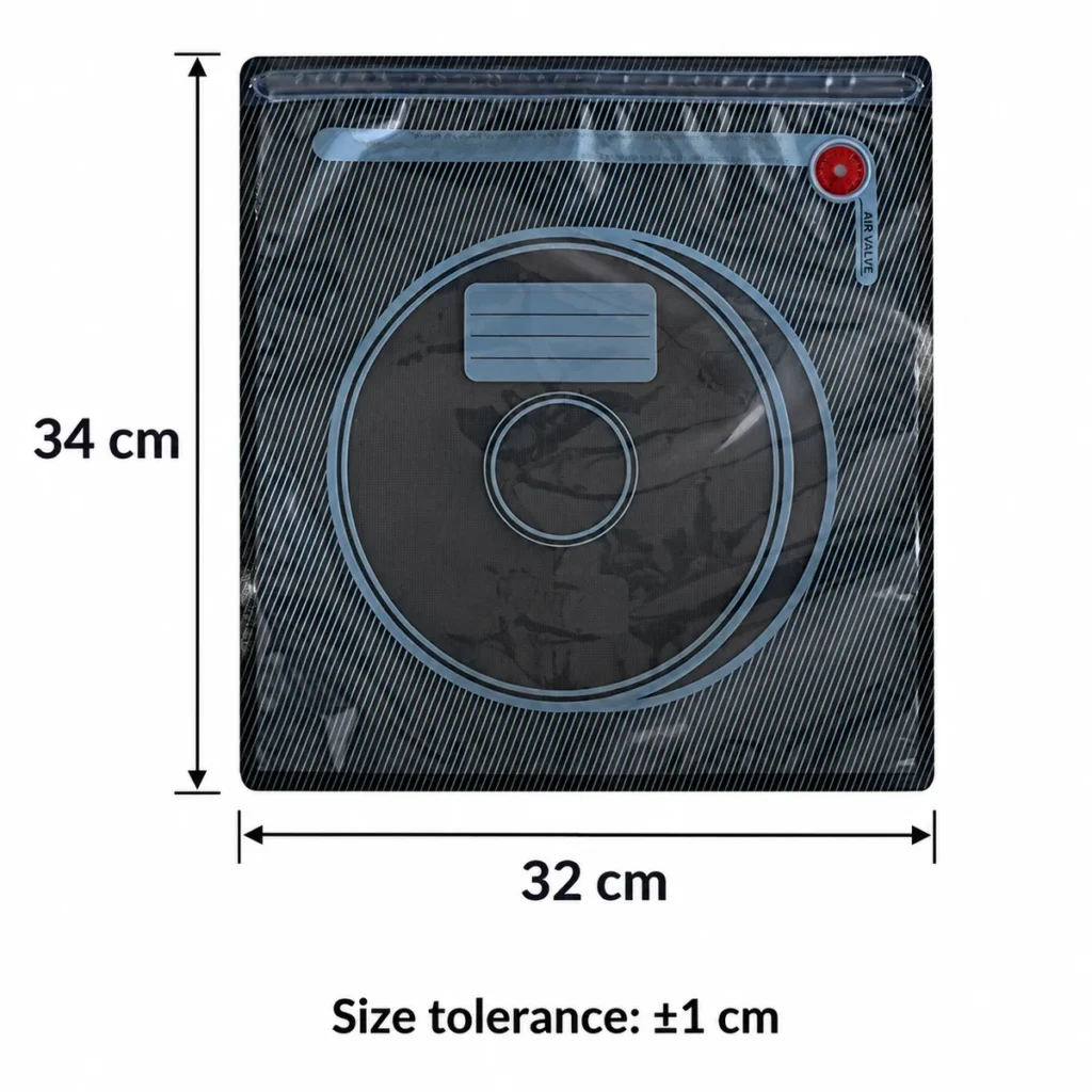 34 × 32 cm filament vacuum bag dimensions with ±1 cm tolerance