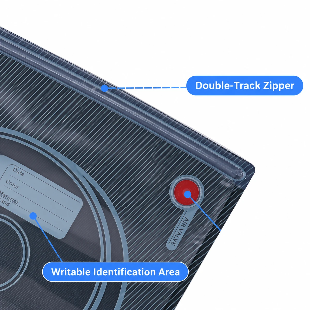 Double-track zipper and writable identification area