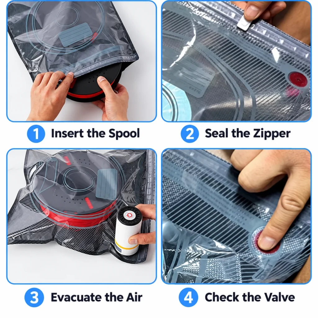 Four steps for using a 3D printer filament vacuum storage bag